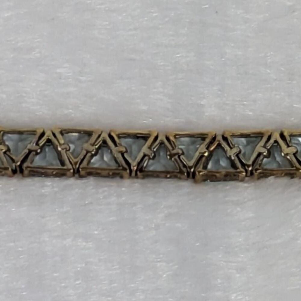 Lab Blue Topaz Trillion Cut Tennis Bracelet 7" S925 10K Gold Vermeil RF Signed - Picture 4 of 7